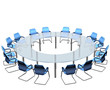 Empty seats round a boardroom conference table.