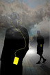 Two walking in clouds wearing MP3 players and headphones