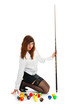 girl with cue and ball isolated on white background