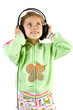 Little fun girl listening music in headphones. Isolate on white.