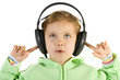 Surprised girl listening music with headphones