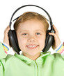 Little fun girl listening music with headphones