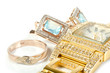 Jewelry set, ring, watch, earrings. Isolate on white.