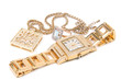 Jewelry set. Golden watch, ring and necklace.