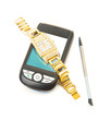 Smartphone and golden watch. Isolate on white.