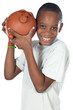 Boy with a money box a over white background