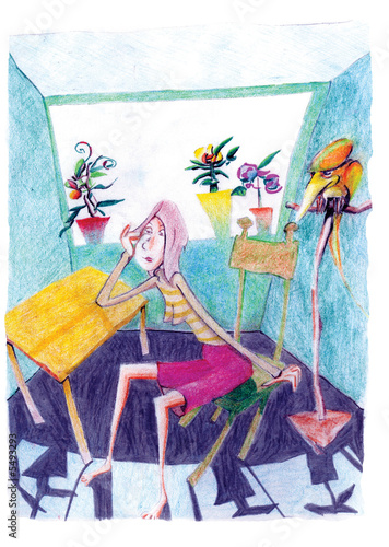 Illustration: OUNG GIRL SITTING IN ROOM WITH PARROT OUNG GIRL SITTING IN ROOM WITH PARROT