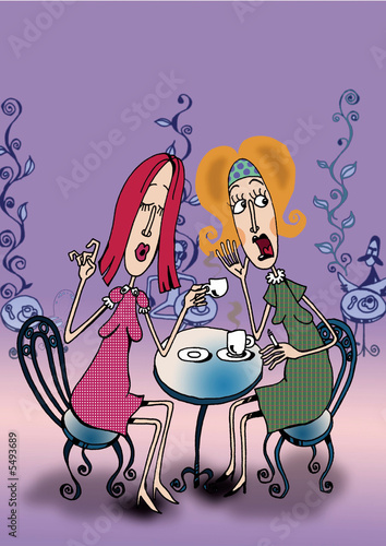 TWO WOMEN DRINKING COFFEE AND GOSSIPING