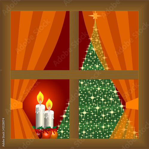 Illustration: arbol de navidad, velas y adornos tras la ventana arbol de navidad, velas y adornos tras la ventana