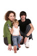 parents and daughter with cell phone on white