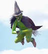 Green Witch hovering on her broom at halloween