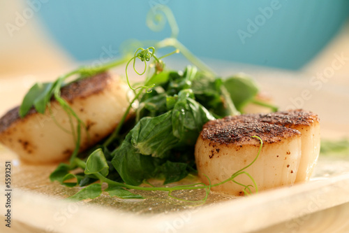 Photo: Seared Scallops and sauteed pea shoots Seared Scallops and sauteed pea shoots