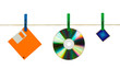 CD, floppy disk and flash card on clothespins
