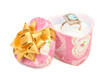 Golden ring with blue gem in gift box. Isolate on white.