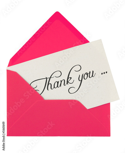 Photo: pink envelope with a thank you card isolated on white pink envelope with a thank you card isolated on white