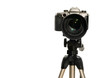 The camera with the big lens on a support on a white background
