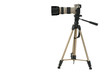 The camera with the big lens on a support on a white background