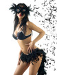 young cute brunette in lingerie with a black carnival mask