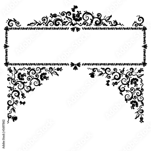Framed banner, scrollwork-like floral pattern, black and white