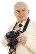 press photographer with camera in hands, isolated on white