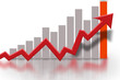 Financial bar chart showing gray bars and red arrow