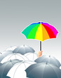 vector illustration of rainbow umbrella above of gray ones