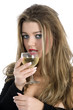 Beautiful girl with beaker on white background