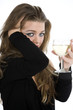 Beautiful girl with beaker on white background