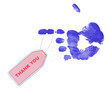 pink thank you tag on blue pointed finger pink thank you tag on blue pointed finger