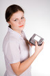 pretty girl with a smartphone on white and grey background pretty girl with a smartphone on white and grey background
