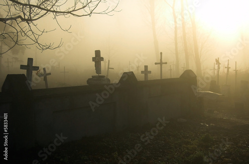 Foto: Old gloomy cemetery in a morning fog Old gloomy cemetery in a morning fog