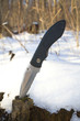 folding hunting knife in a snowy forest