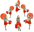 happy teenager girls  with red umbrella,  jumping and shopping