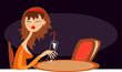 vector image of bored lonely girl in cafe