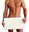 Naked muscular man covering with a box isolated on white Naked muscular man covering with a box isolated on white