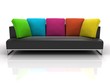 Black sofa with colour pillows on white background 