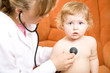 Doctor pediatrician examines little child using stethoscope