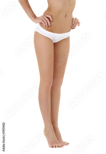 classical picture of long legs in white bikini panties