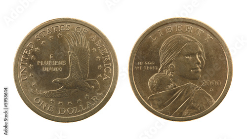 Photo: US Sacagawea dollar coin isolated on white – obverse and reverse US Sacagawea dollar coin isolated on white – obverse and reverse
