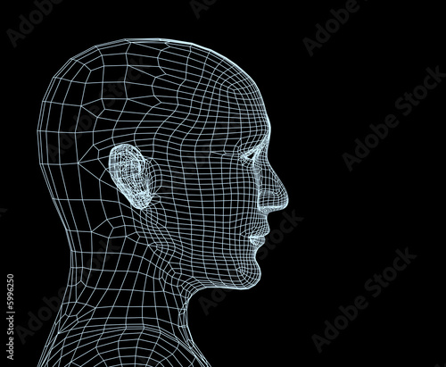 Head of the person from a blue 3d grid