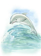 Illustration with dolphin and sea waves