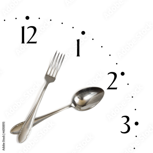 Clock made of spoon and fork, isolated on white background