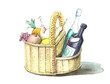 basket with tasty and useful food.