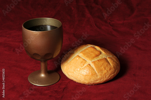 Communion elements represented by bread and wine