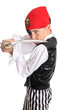Pirate with a cutlass sword staring down his opponent 