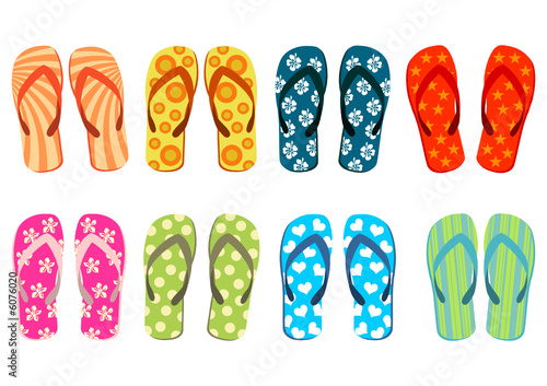 Beach sandals. Colorful flip-flops over white background
