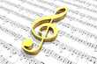 treble clef on sheet of printed music