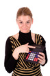 Businesswoman to show on calculator. Businesswoman to show on calculator.