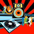 silhouettes dancing, turntable, loudspeaker and rays silhouettes dancing, turntable, loudspeaker and rays