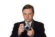 Man with photo camera, isolated on white background